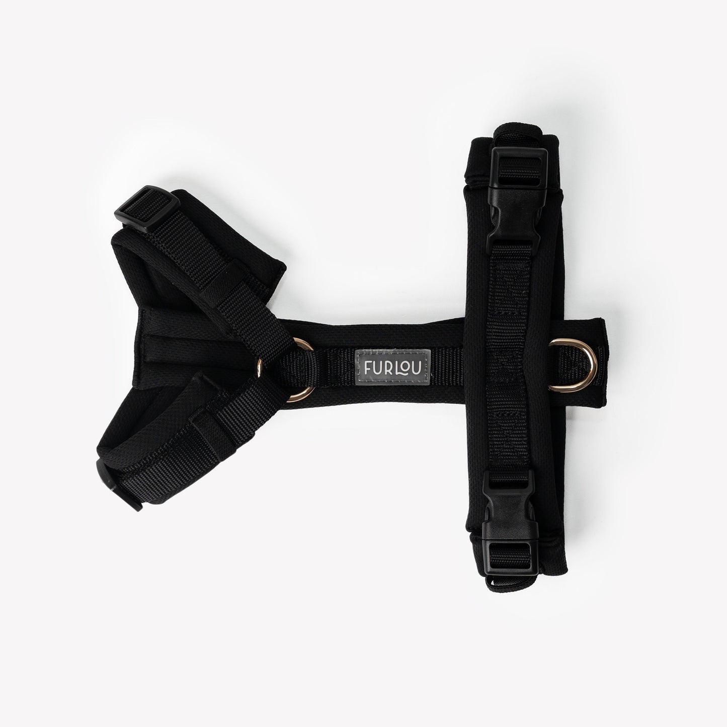 Side view of breathable padded black dog harness