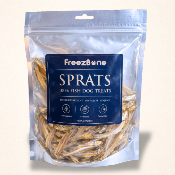 Freezbone Sprats Dog Treats - Single ingredient High Protein (Value Size 8 oz)