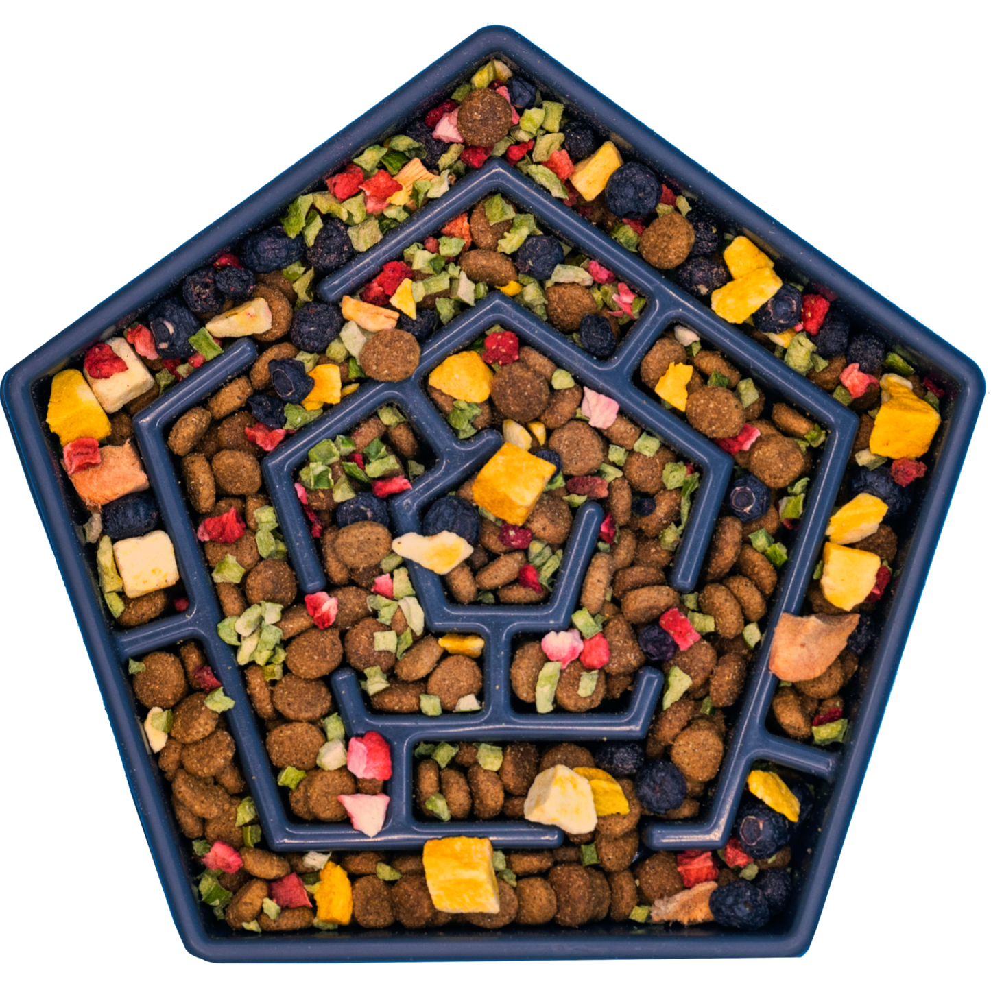 Bare Naked Salmon Mixer Dog Food Topper 6oz pet food tray with a maze design filled with colorful pet treats.