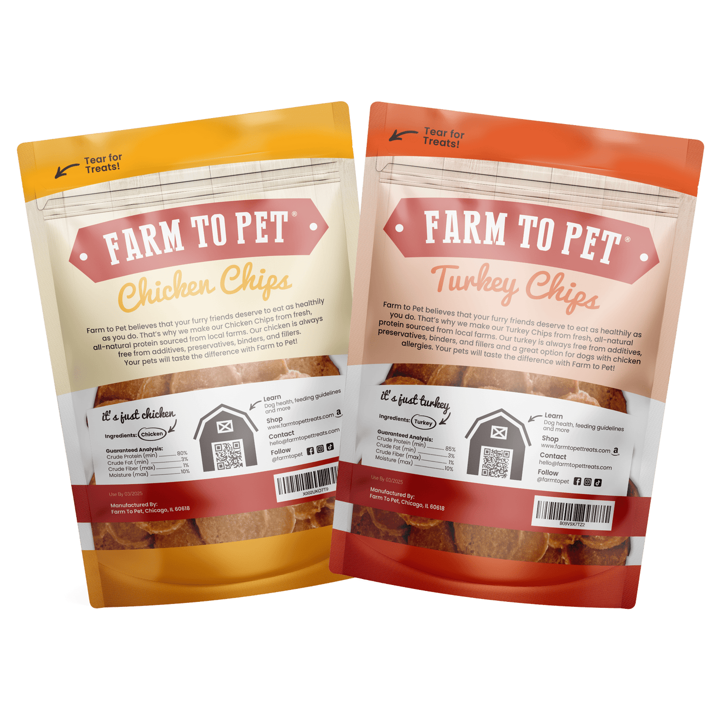 Farm To Pet - Turkey & Chicken Chip Dog Treat Duo | Single-Ingredient Poultry Treats for Dogs