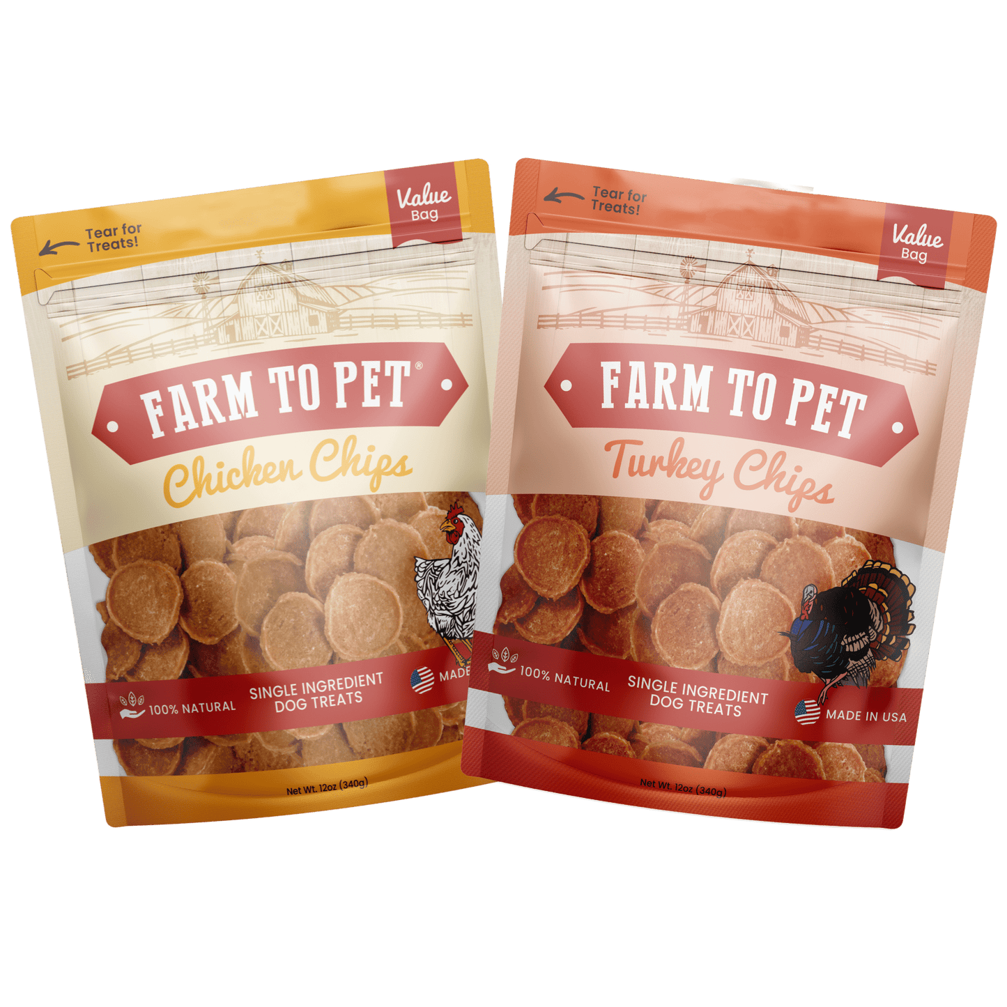 Farm To Pet - Turkey & Chicken Chip Dog Treat Duo | Single-Ingredient Poultry Treats for Dogs