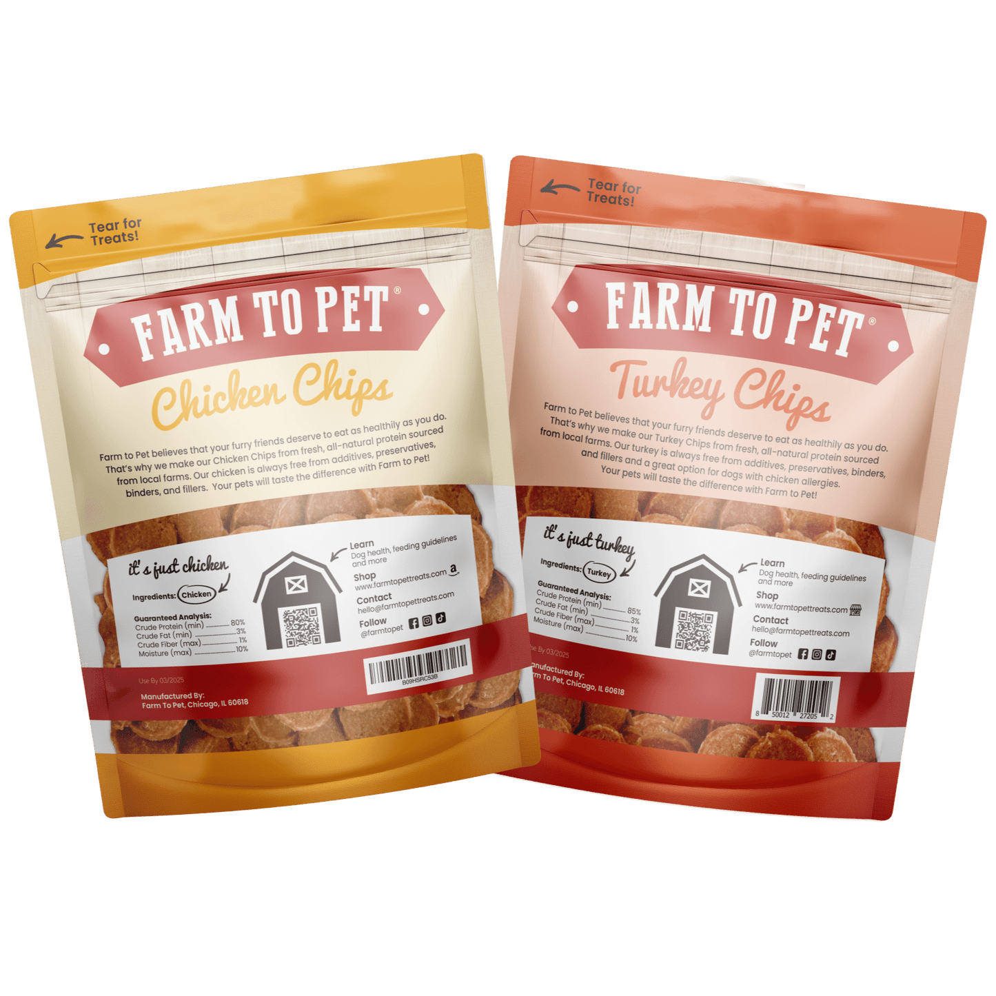 Farm To Pet - Turkey & Chicken Chip Dog Treat Duo | Single-Ingredient Poultry Treats for Dogs