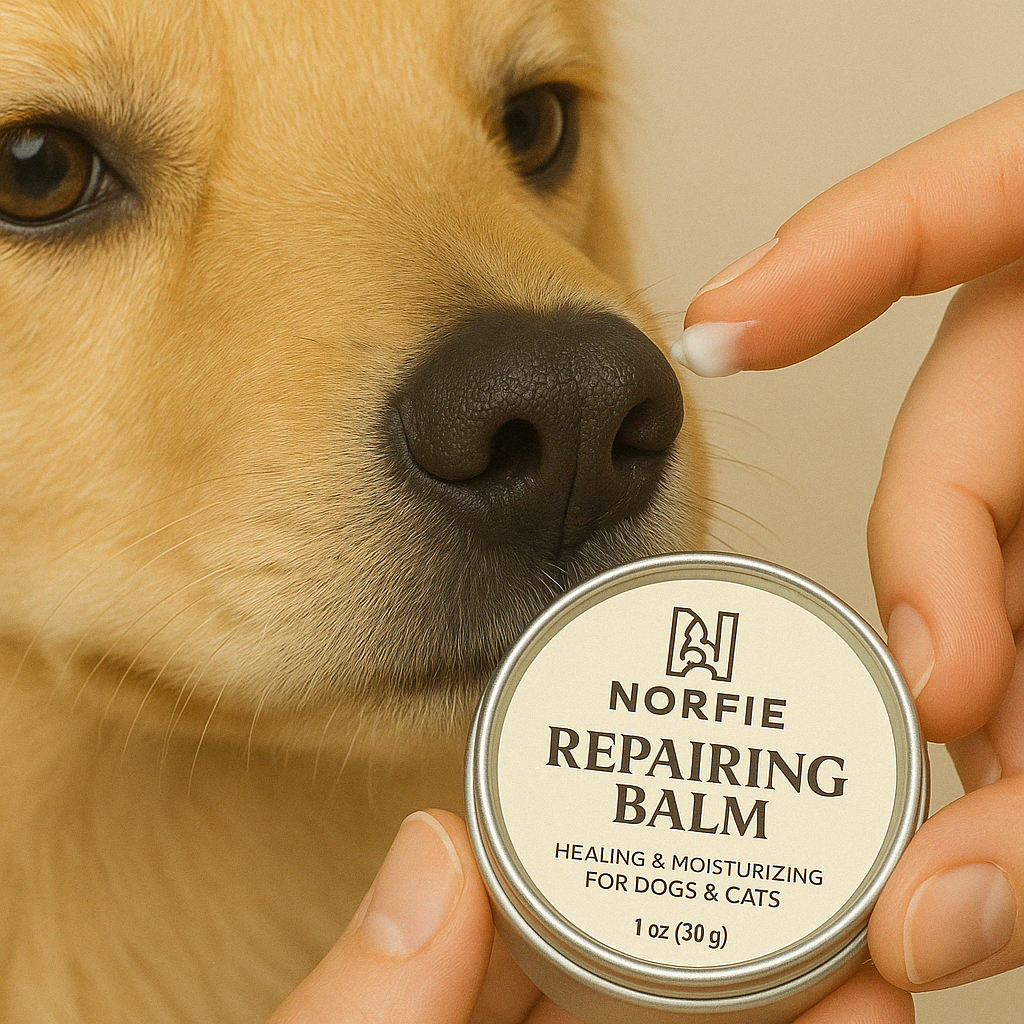 Close-up of dry dog nose being treated with Norfie balm