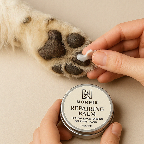 Applying Norfie balm to a dog's cracked paw pad