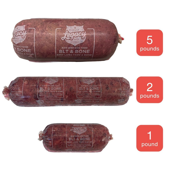 red raw beef tubes in 5 pound, 2 pound, 1 pound packaging on white background and orange icons