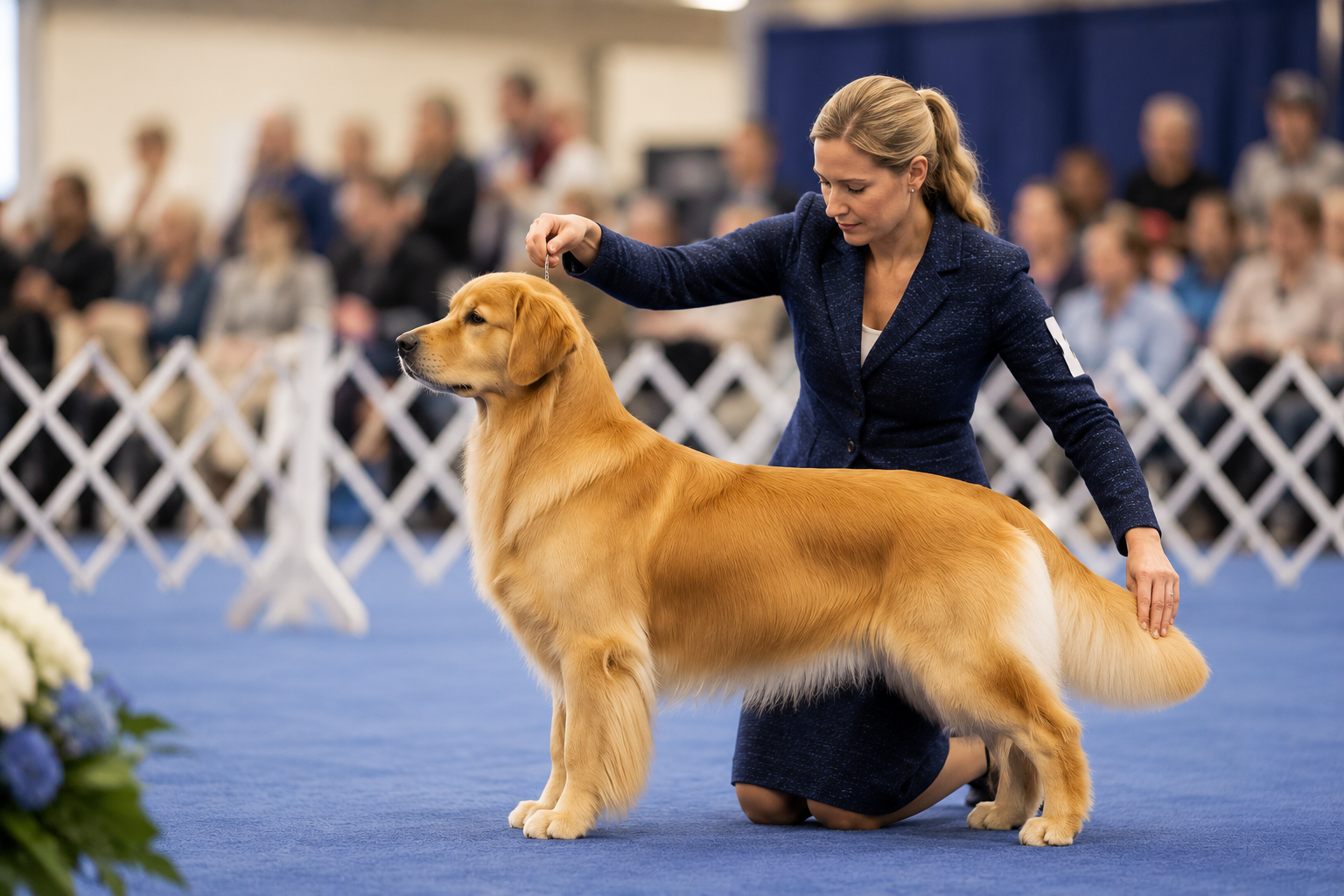 Professional handler presenting a Golden Retriever during an AKC conformation dog show inside a show ring.