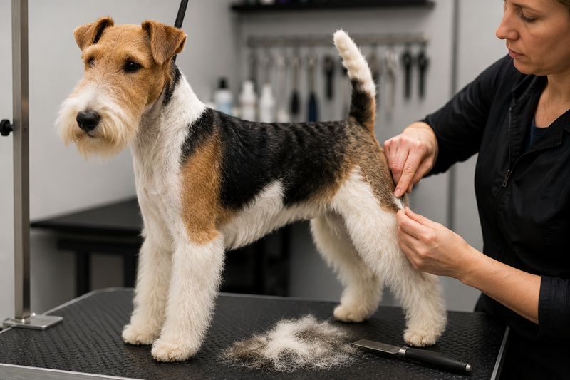 Professional groomer hand stripping a Wire Fox Terrier on a grooming table using proper grooming techniques.