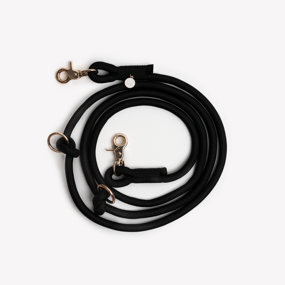 black adjustable dog leash with gold clip

