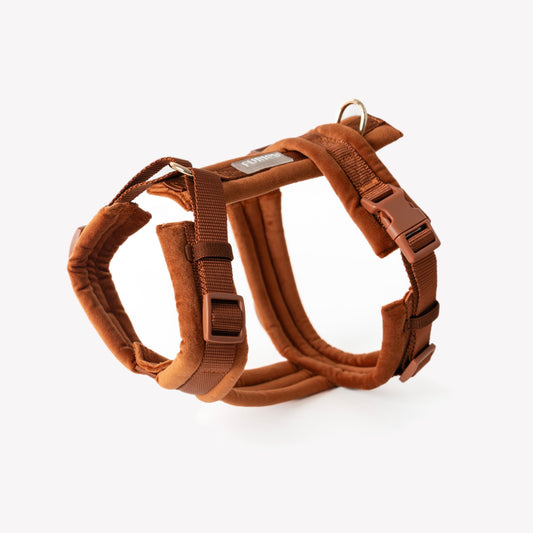 FURLOU clay velvet dog harness flat lay with gold hardware