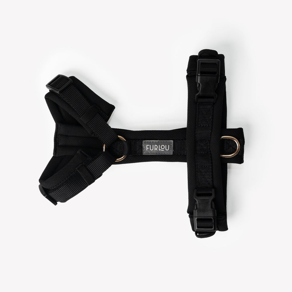 Side view of breathable padded black dog harness

