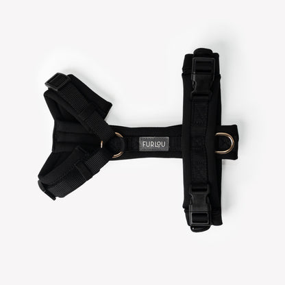 Side view of breathable padded black dog harness

