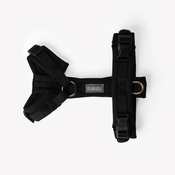 Side view of breathable padded black dog harness

