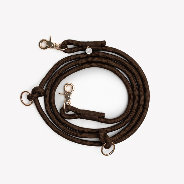brown adjustable dog leash with gold clip


