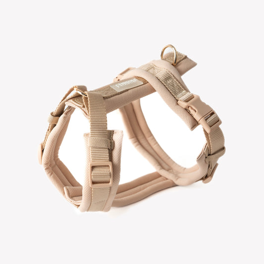 FURLOU tan comfort dog harness with gold hardware

