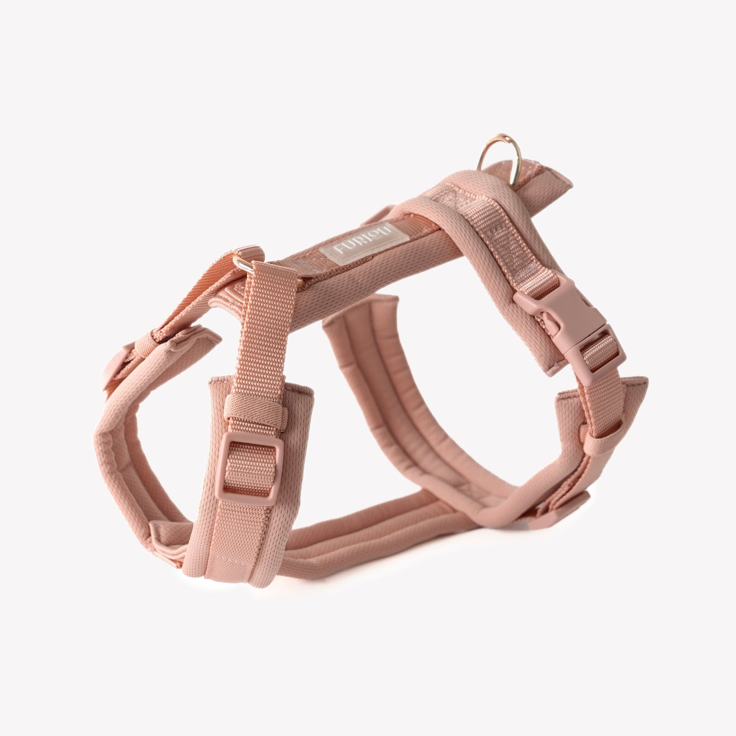 powder rose dog harness with gold hardware

