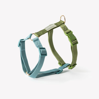 FURLOU dog harness in blue and green with gold hardware flat lay

