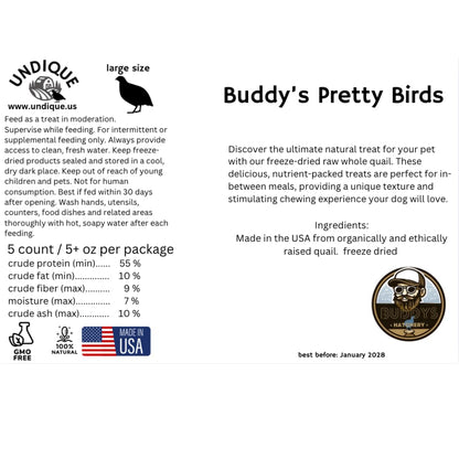 Bird Dog Training Quail - Premium Freeze Dried Whole Quail for Dogs 5ct, Large (Chick) - Natural Prey Feeding Quality Protein Pet Treats
