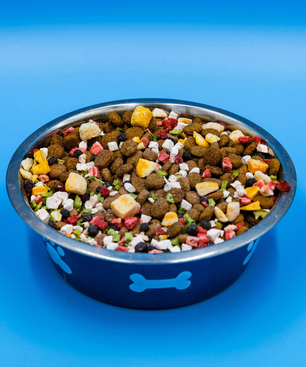 Bare Naked Chicken Mixer Dog Food in a blue bowl with a bone design on a blue background