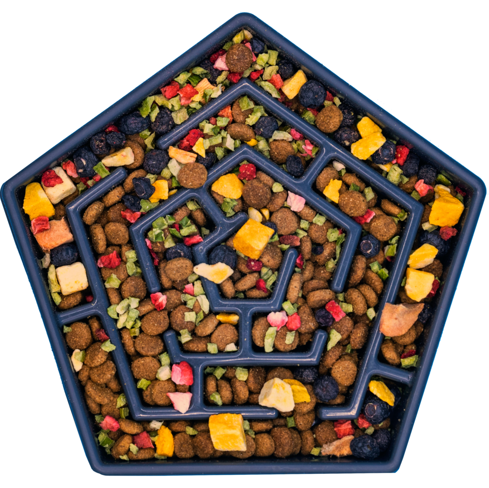 Bare Naked Salmon Mixer Dog Food Topper 6oz  pet food tray with a maze design filled with colorful pet treats.