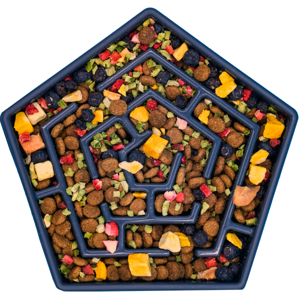 Bare Naked Salmon Mixer Dog Food Topper 6oz  pet food tray with a maze design filled with colorful pet treats.
