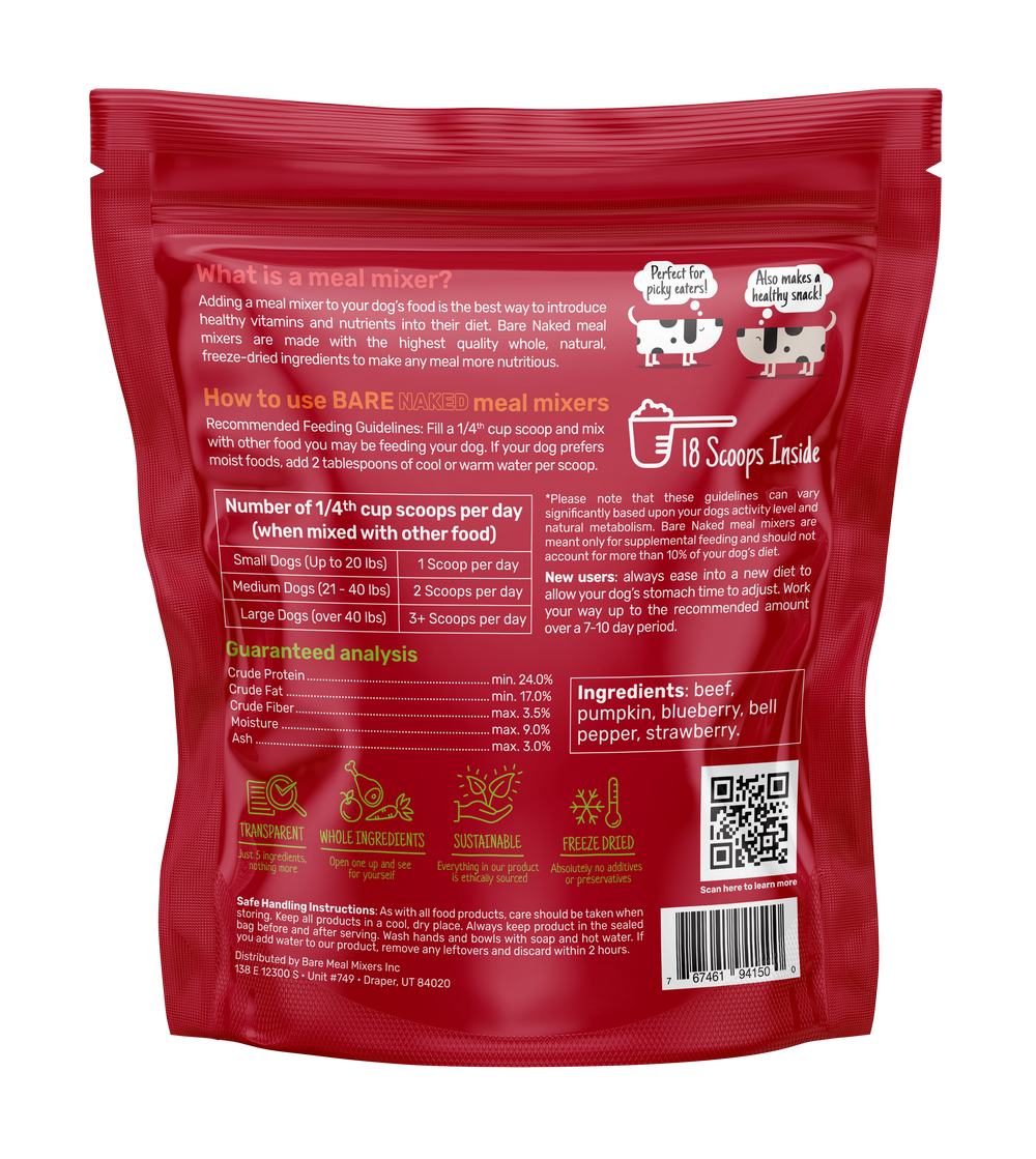 Bare Naked Beef Mixer Dog Food Topper 6oz Ingredients and Feeding Instructions