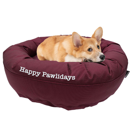 American Dog - Dog Bed Round Bolster Armor™ 'Happy Pawlidays'