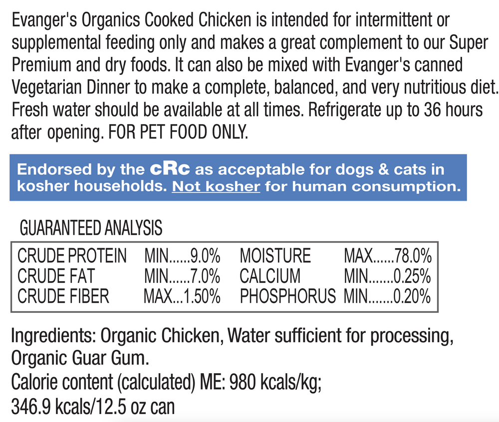 Evanger's Organics All Life Stages Cooked Chicken Wet Dog Can (12.5oz)