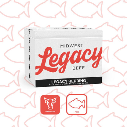 midwest legacy beef new cat and dog beef and fish blend with herring fish icons watermarked on the background of a white cooler with midwest legacy beef logo on it