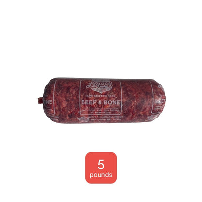 red raw beef and ground cow bone tubes in 5 pound package white background and orange icons