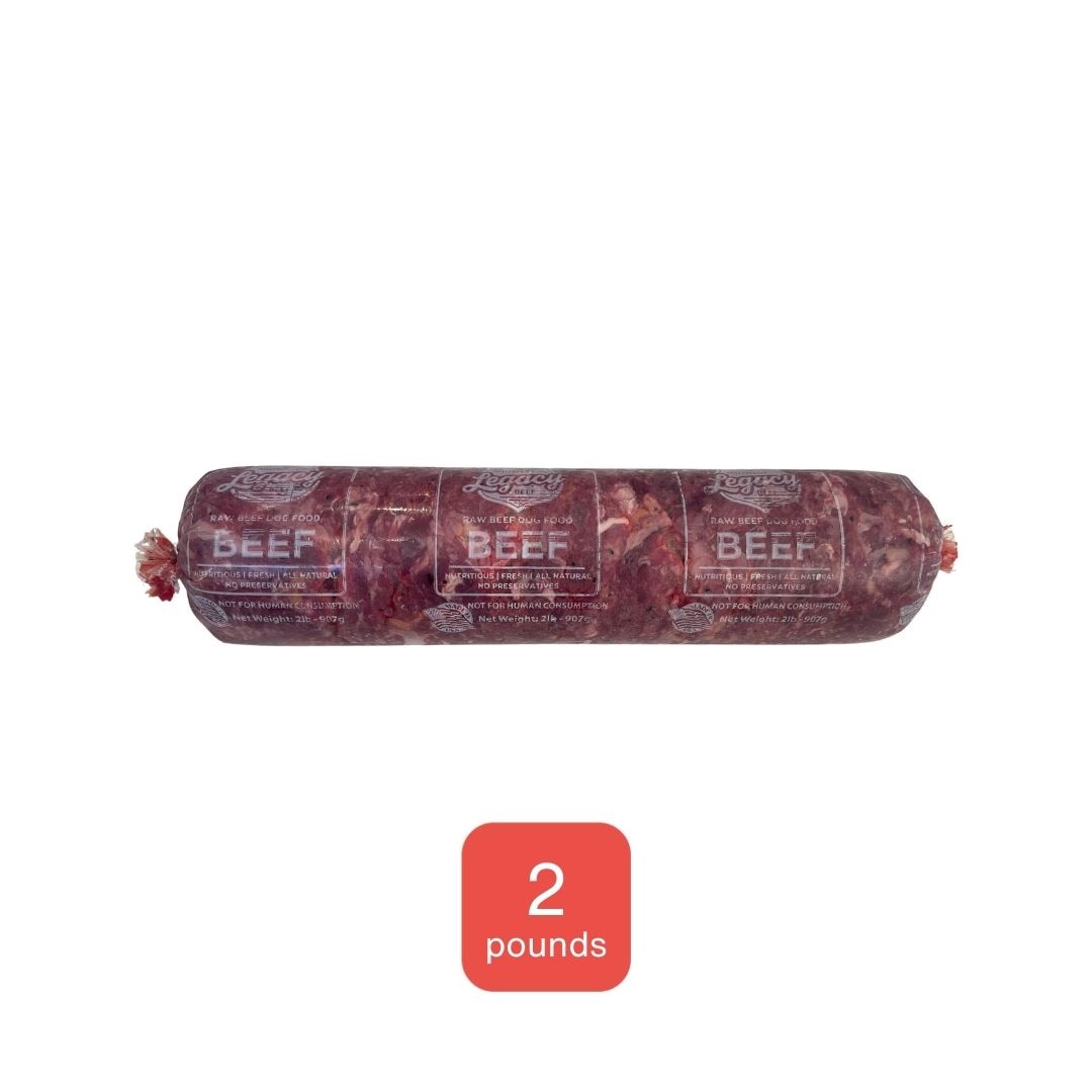 natural raw beef dog food 2 pound tube on white background