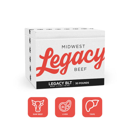 styrofoam container with midwest legacy beef logo on it in orange for the blt blend dog food with icons on bottom