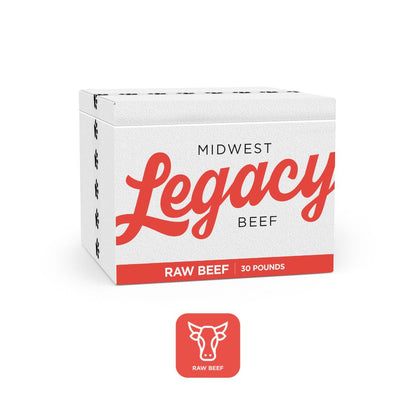 white cooler container with midwest legacy beef logo on it in red for the raw beef blend dog food with orange icons