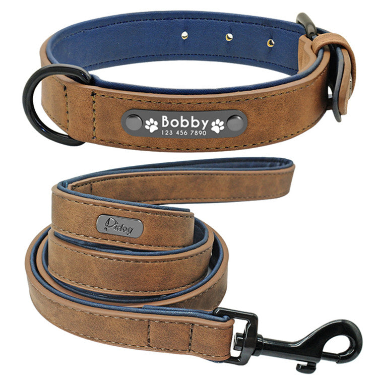 Personalised Dog Collar brown with lead